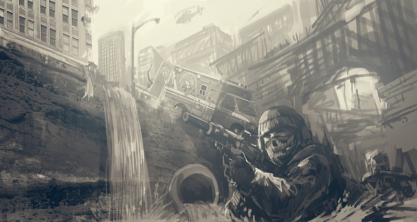 2boys aiming ambulance assault_rifle balaclava building call_of_duty call_of_duty:ghosts city door gloves gun headgear helicopter mask monochrome multiple_boys realistic rifle ruins sewer skull soldier suppressor water weapon