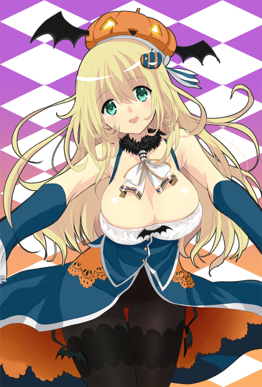 1girl asamiko atago_(kantai_collection) bat bat_wings blonde_hair breasts cleavage garter_straps green_eyes hair_ornament halloween hat highres jack-o'-lantern kantai_collection large_breasts long_hair looking_at_viewer open_mouth pantyhose personification pumpkin pumpkin_hair_ornament ribbon shoulderless_dress solo wings