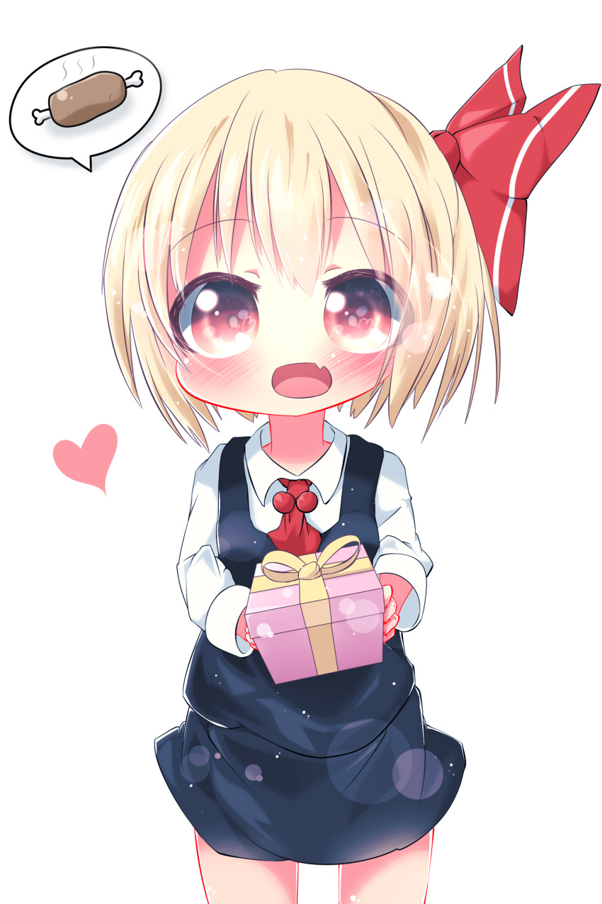 1girl akisha ascot blonde_hair blush boned_meat bow box fang food gift gift_box hair_bow heart highres long_sleeves looking_at_viewer meat open_mouth pink_eyes rumia shirt simple_background skirt skirt_set smile solo speech_bubble touhou vest white_background