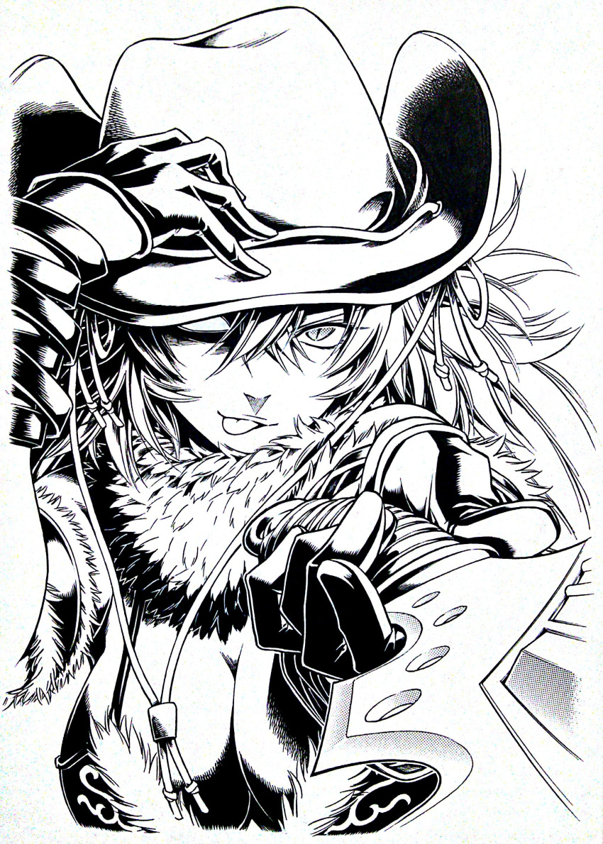 1girl 6j-k-en1223 ;p absurdres breasts cleavage cowboy_hat gloves hat highres kagura_(oneechanbara) long_hair looking_at_viewer monochrome oneechanbara solo sword tongue weapon western wink