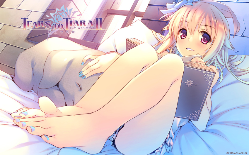 1girl barefoot blonde_hair book character_request feet foreshortening highres legs pig pillow short_hair sitting smile solo tears_to_tiara toenail_polish toes violet_eyes window