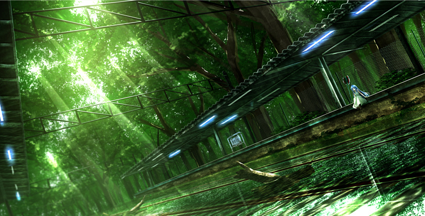 1girl battle_axe dress fence forest heterochromia highres long_hair nature original partially_submerged post-apocalypse railroad_tracks reflection ryosios sign silver_hair sitting solo sunlight train_station very_long_hair water white_dress