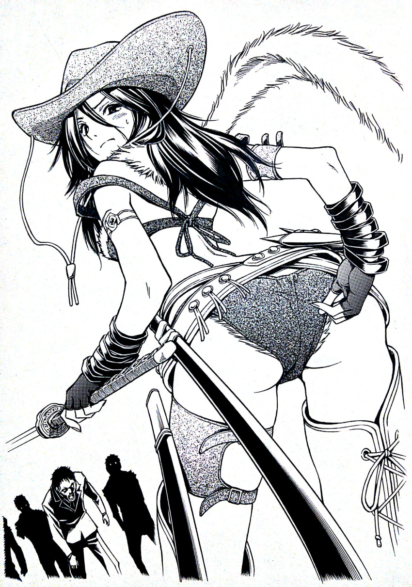 1girl 6j-k-en1223 absurdres adjusting_shorts aya_(oneechanbara) belt bikini_top cowboy_hat fingerless_gloves from_behind fur_trim gloves hat highres katana long_hair monochrome oneechanbara solo_focus sword thighhighs weapon western zombie