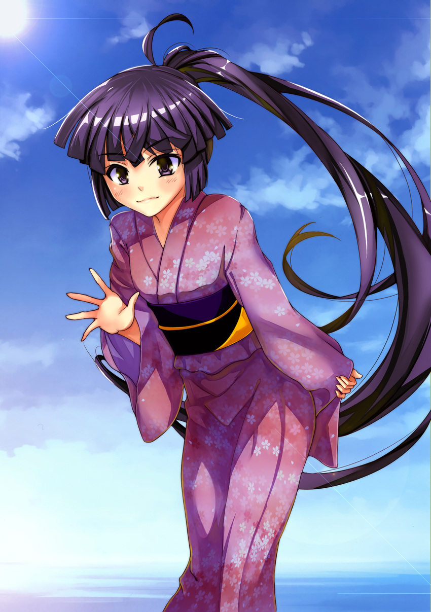 1girl akatsuki_(log_horizon) highres japanese_clothes log_horizon obi ponytail purple_hair sardonyx sky solo violet_eyes