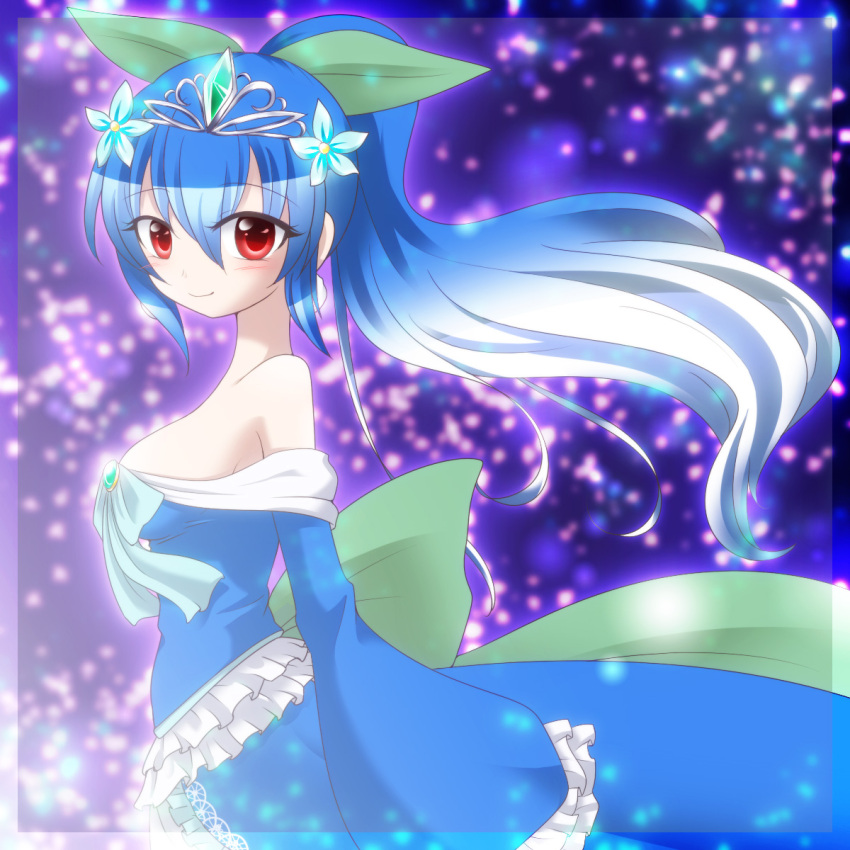 1girl blue_dress blue_hair bow breasts dress earrings flower frills gem gown hair_bow hair_flower hair_ornament highres jewelry jumpluff long_hair looking_at_viewer looking_to_the_side personification pokemon pokemon_(game) ponytail red_eyes shiratsuki shoulderless_dress smile solo