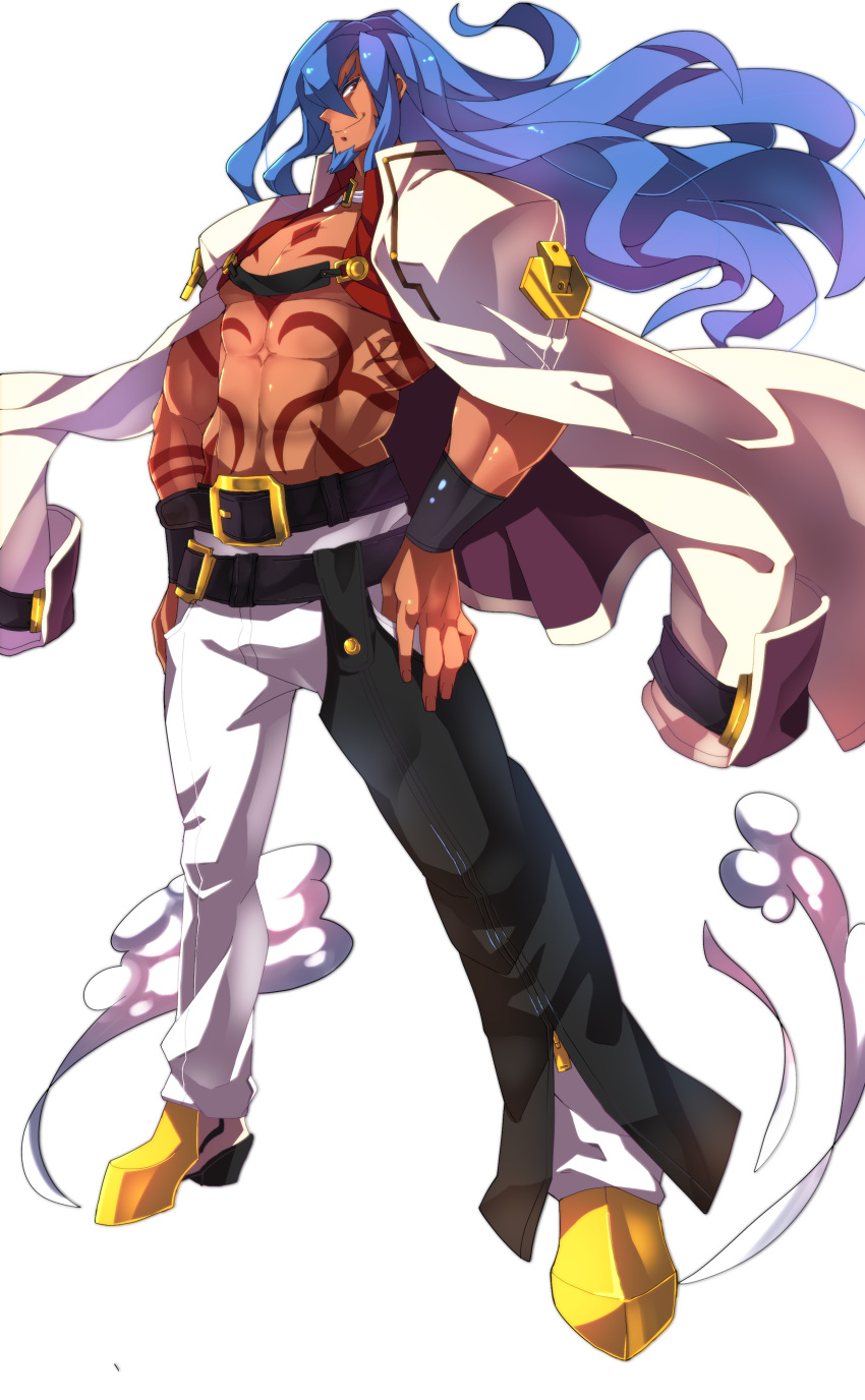 absurdres azrael_(blazblue) blazblue blue_hair coat_on_shoulders dark_skin facial_hair goatee highres makai multiple_belts muscle smile tattoo