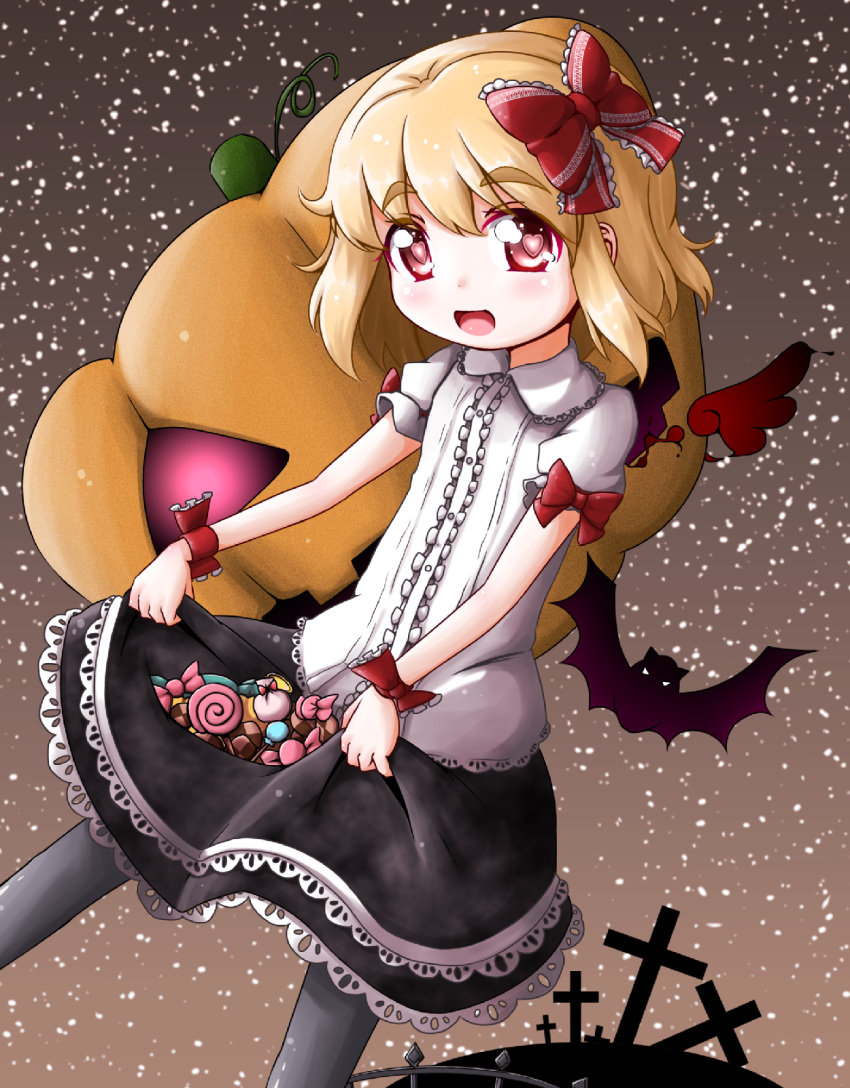 1girl adapted_costume bat blonde_hair blouse candy cookie cross fence food grey_background hair_ribbon halloween heart heart-shaped_pupils highres jack-o'-lantern lollipop looking_at_viewer open_mouth pantyhose puffy_short_sleeves puffy_sleeves red_eyes ribbon roco_(katsuya1011) rumia short_hair short_sleeves simple_background skirt skirt_basket skirt_hold sky solo star_(sky) starry_sky swirl_lollipop symbol-shaped_pupils touhou wrist_ribbon