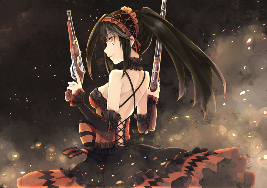 1girl bare_shoulders black_hair clock_eyed date_a_live detached_sleeves dress dual_wielding flintlock gun hairband hao_(patinnko) highres lolita_fashion lolita_hairband long_hair looking_at_viewer pistol smile solo tokisaki_kurumi trigger_discipline twintails weapon yellow_eyes