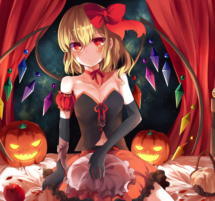 1girl apple bare_shoulders black_gloves blonde_hair bow collarbone curtains elbow_gloves flandre_scarlet food fruit gloves hachimitsu_ame_(phoenix) hair_bow hat hat_removed headwear_removed highres jack-o'-lantern looking_at_viewer red_eyes ribbon_choker shirt side_ponytail sitting skirt solo touhou window wings