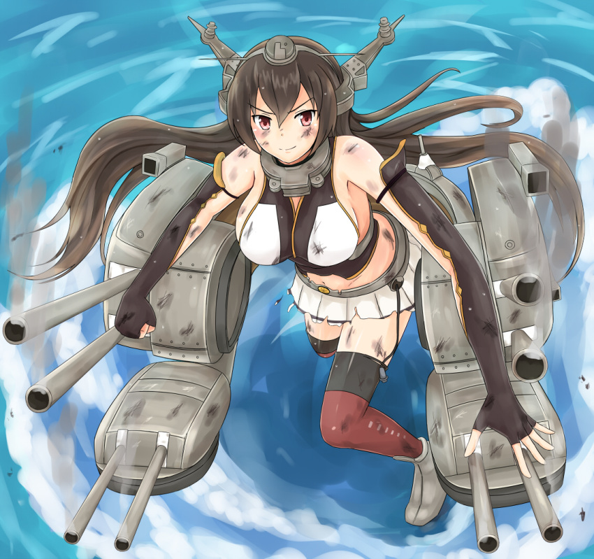 1girl bare_shoulders black_hair blush boots breasts cannon clenched_hand elbow_gloves fingerless_gloves gloves gun hair_ornament headgear kantai_collection large_breasts long_hair midriff nagato_(kantai_collection) nuppunuppu personification red_eyes sideboob skirt smile smoke smoking_gun solo soot thighhighs torn_clothes torn_skirt turret weapon