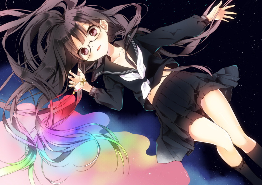 1girl black_hair glasses long_hair looking_at_viewer midriff naoto_(tulip) open_mouth original parted_lips pleated_skirt school_uniform serafuku skirt solo space tagme