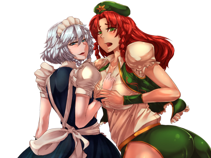 2girls apron beret blue_eyes blush clothes_grab embarrassed green_eyes hat hong_meiling izayoi_sakuya long_hair looking_back maid_headdress multiple_girls open_mouth puffy_short_sleeves puffy_sleeves redhead sekiyu_(spartan) short_hair short_sleeves silver_hair smile touhou vest white_background wrist_grab