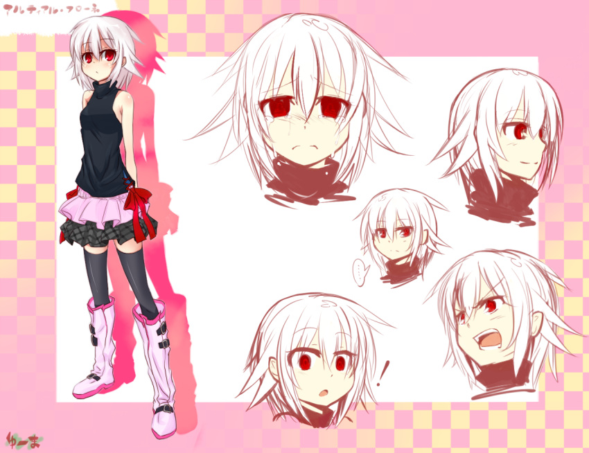 ! 1girl adyisu altair_floone angry arms_behind_back black_legwear blush bust character_sheet crying looking_at_viewer open_mouth original red_eyes short_hair skirt smile solo tears thighhighs white_hair