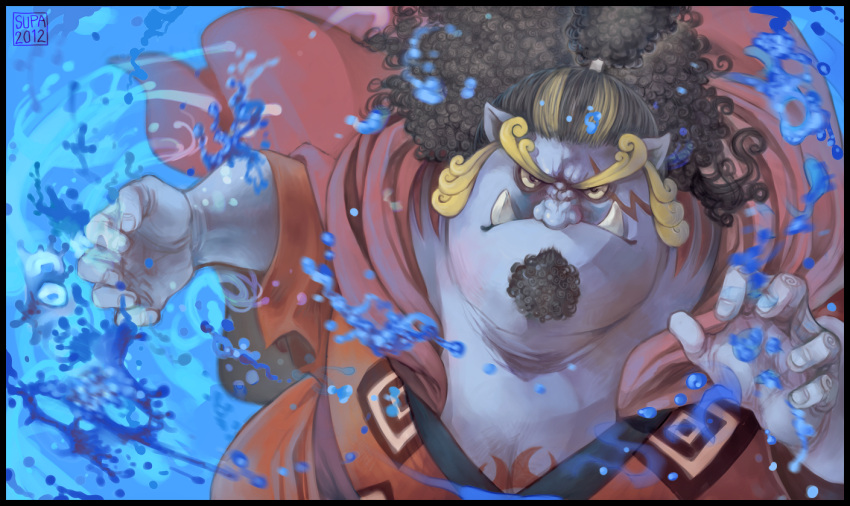 1boy 2012 blue_skin facial_hair fighting_stance fishman frown gills jimbei long_hair male multicolored_hair one_piece scar signature solo supario tattoo tusks underwater webbed_hands