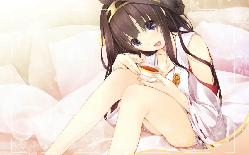1girl cup detached_sleeves highres ichikawa_noa kantai_collection kongou_(kantai_collection) long_hair looking_at_viewer nontraditional_miko personification smile solo teacup wide_sleeves