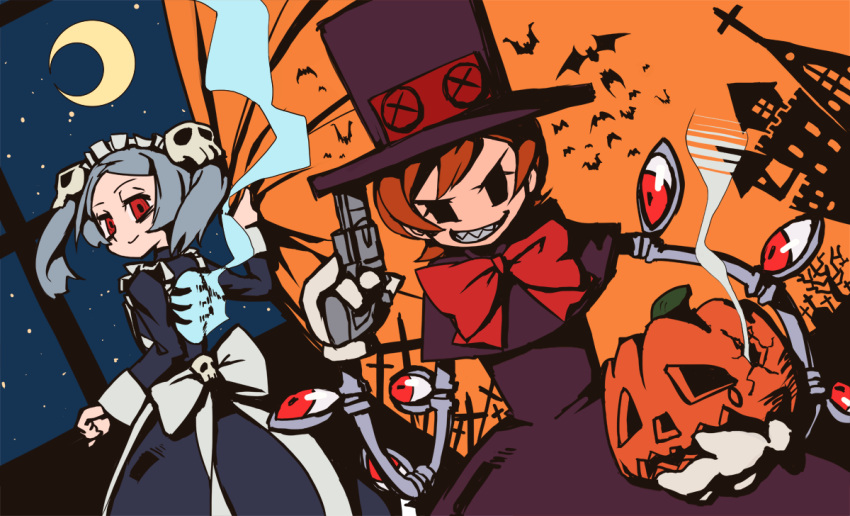 2girls bloody_marie_(skullgirls) capelet dress gloves gun hair_ornament halloween jack-o'-lantern jet-waltz mechanical_arms multiple_girls orange_hair peacock_(skullgirls) pistol red_eyes revolver sharp_teeth short_hair silver_hair skull_hair_ornament skullgirls twintails weapon white_gloves