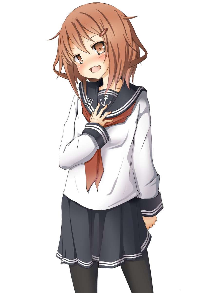 1girl brown_eyes brown_hair highres ikazuchi_(kantai_collection) kantai_collection looking_at_viewer mokichi812 pantyhose personification pleated_skirt school_uniform serafuku skirt solo white_background