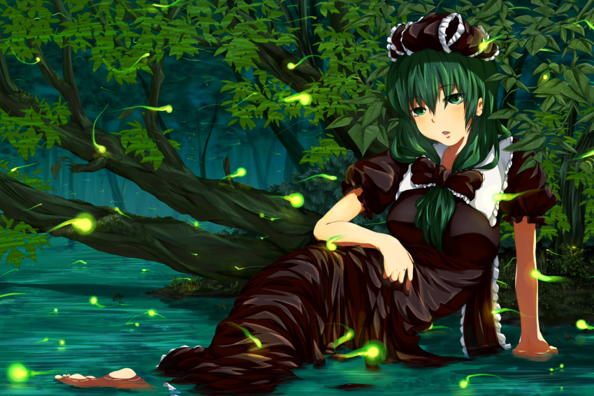 1girl arm_support barefoot bow breasts dress forest front_ponytail green_eyes green_hair hair_bow hair_ribbon highres hitodama in_water kagiyama_hina kokko361 leaf long_hair looking_at_viewer nature outdoors parted_lips puffy_short_sleeves puffy_sleeves reclining ribbon short_sleeves solo stream touhou tree_branch