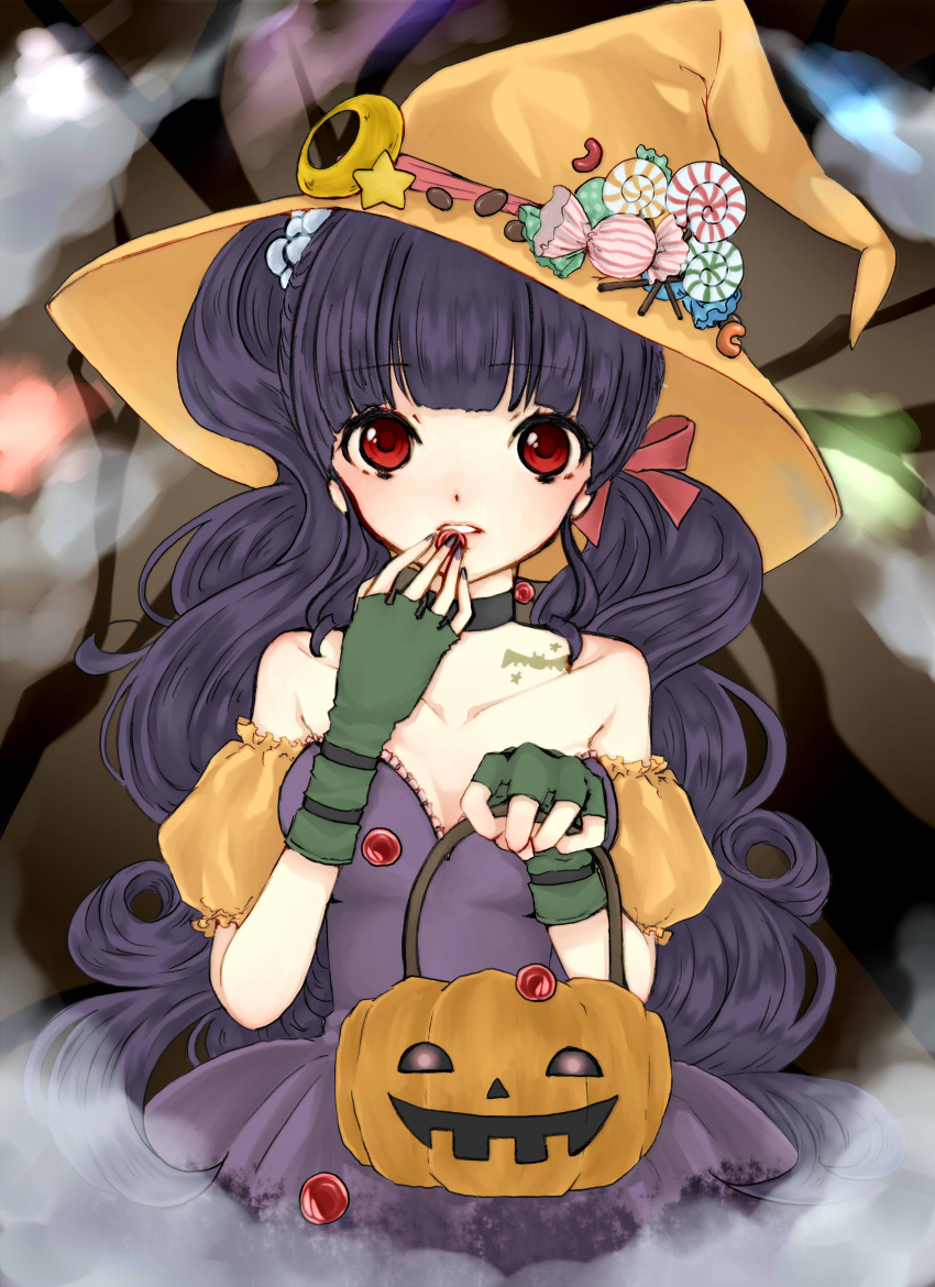 absurdres bangs bare_shoulders basket bat blunt_bangs breasts candy choker cleavage crescent_moon detached_sleeves dress eating facing_viewer fingerless_gloves frilled_dress frills gloves hair_ornament hair_ribbon halloween hat highres holding jack-o'-lantern long_hair looking_at_viewer moon onizuka_mari original puffy_detached_sleeves puffy_sleeves purple_dress purple_hair red_eyes ribbon star tattoo tree twintails uneven_twintails wavy_hair witch_hat