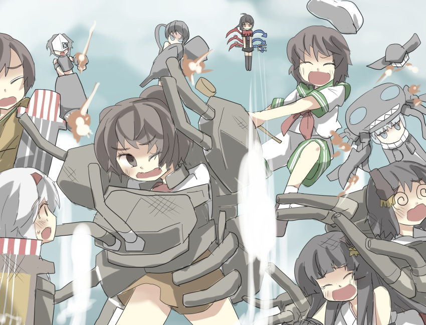 6+girls @_@ ^_^ asymmetrical_wings black_dress black_hair character_request chi-class_torpedo_cruiser closed_eyes commentary_request crossover dress flat_gaze gaoo_(frpjx283) haruna_(kantai_collection) hat hat_removed headwear_removed highres houjuu_nue kantai_collection long_hair multiple_girls murasa_minamitsu neckerchief open_mouth short_hair smile touhou wince wings wo-class_aircraft_carrier