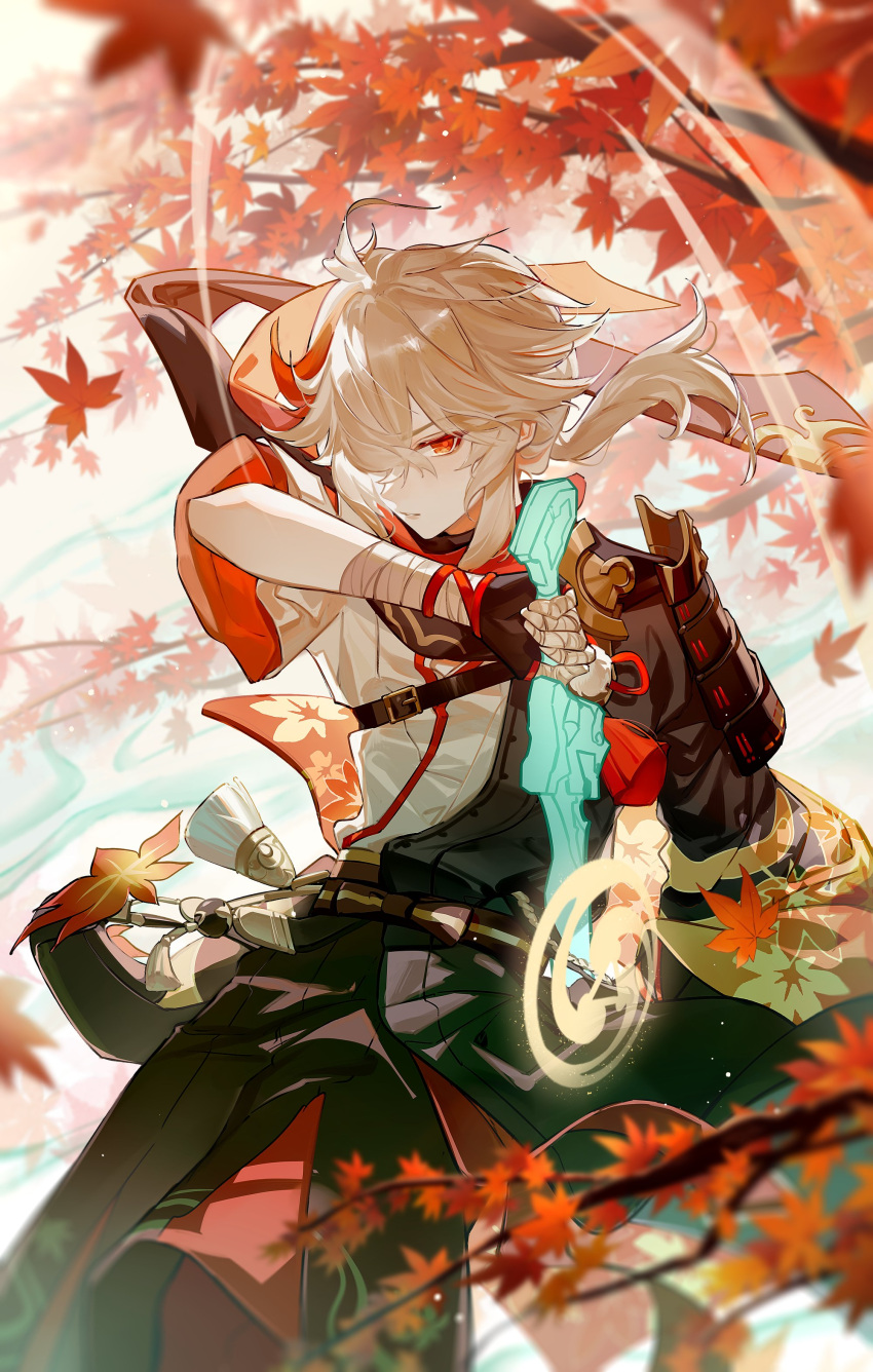 1boy absurdres antenna_hair armor asymmetrical_sleeves autumn_leaves bandaged_arm bandages belt black_shorts blurry bow branch brown_belt brown_bow brown_gloves detached_sleeves fingerless_gloves genshin_impact gloves gold_trim grey_hair hair_between_eyes hair_over_one_eye hand_up highres holding holding_sword holding_weapon kaedehara_kazuha leaf leaf_print lips long_sleeves looking_at_viewer male_focus multicolored_hair outdoors pantyhose ponytail qinnye red_eyes red_pantyhose red_shirt redhead shirt short_hair short_ponytail short_sleeves shorts shoulder_armor sidelocks single_detached_sleeve sky solo standing streaked_hair sword tassel teeth tree two-tone_hair v-shaped_eyebrows vest weapon white_sky white_vest wide_sleeves