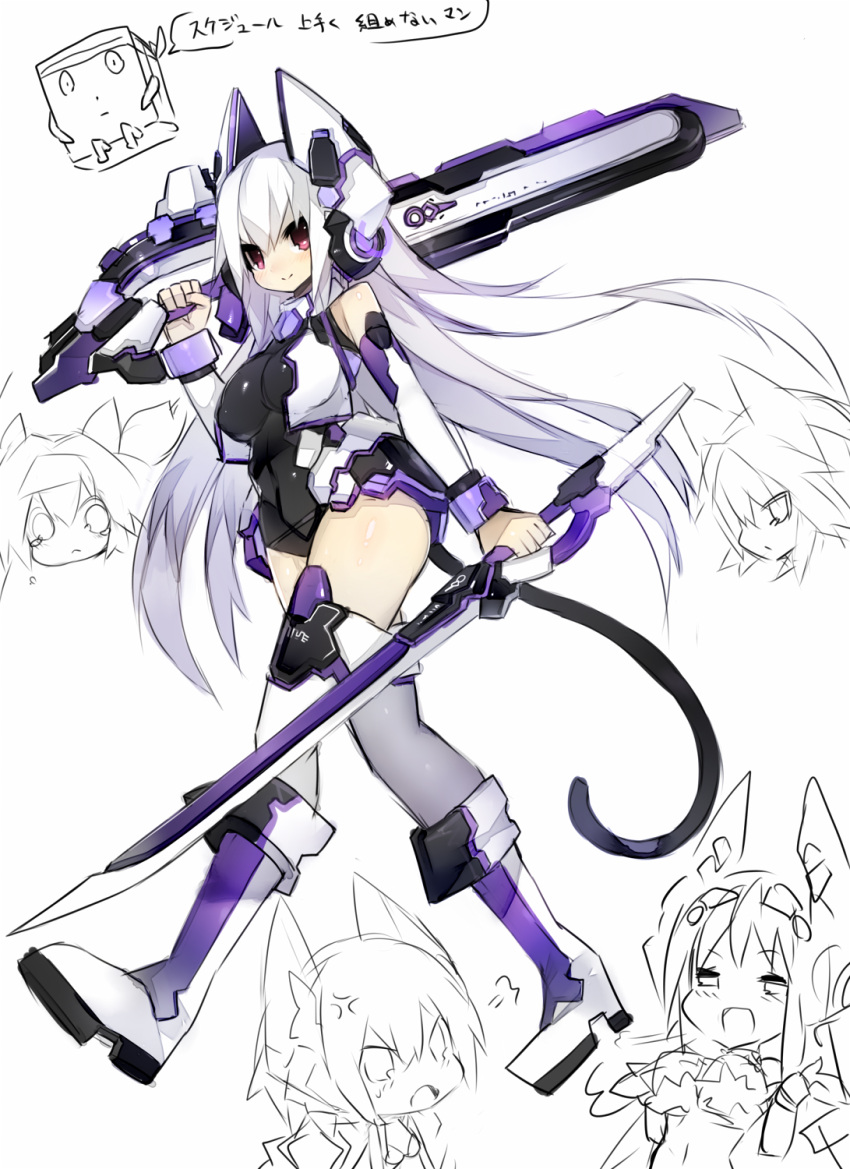 1girl bare_shoulders boots breasts dual_wielding highres long_hair mamuru original red_eyes simple_background sword tail thighs very_long_hair weapon white_background white_hair