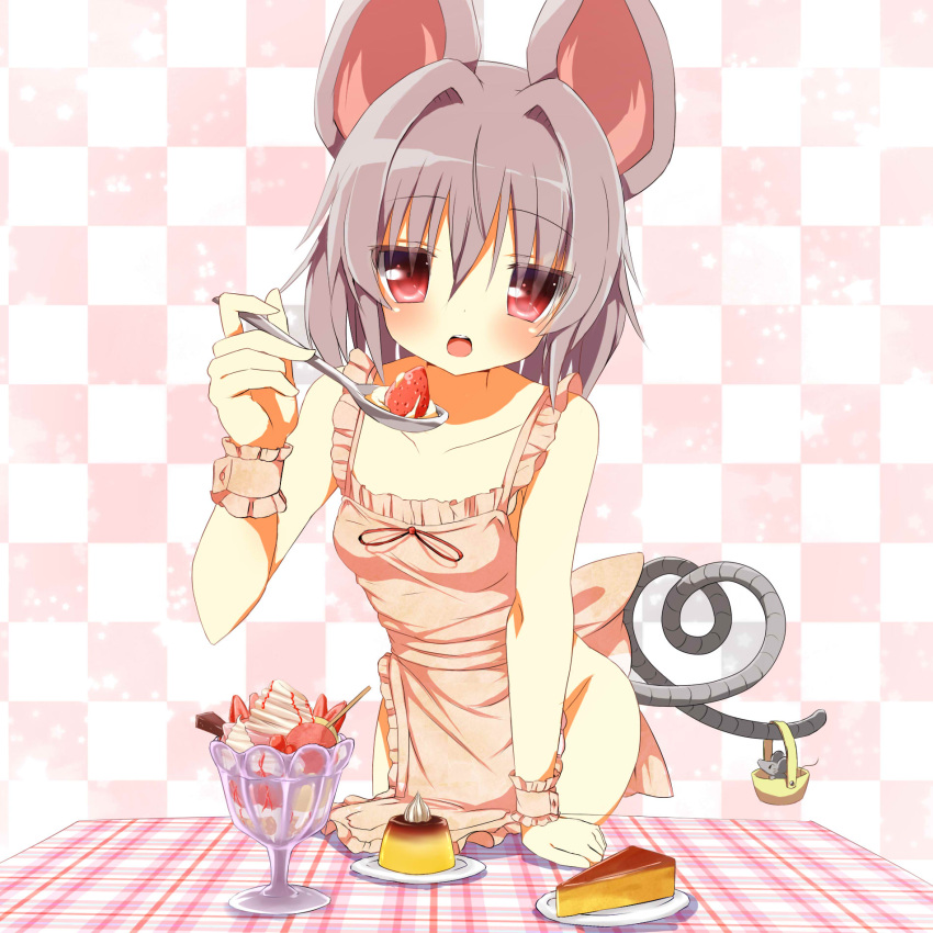 1girl 5240mosu animal_ears apron basket blush checkered checkered_background feeding food fruit grey_hair highres ice_cream mouse mouse_ears mouse_tail naked_apron nazrin pie pudding red_eyes short_hair solo spoon strawberry sundae tail touhou wrist_cuffs
