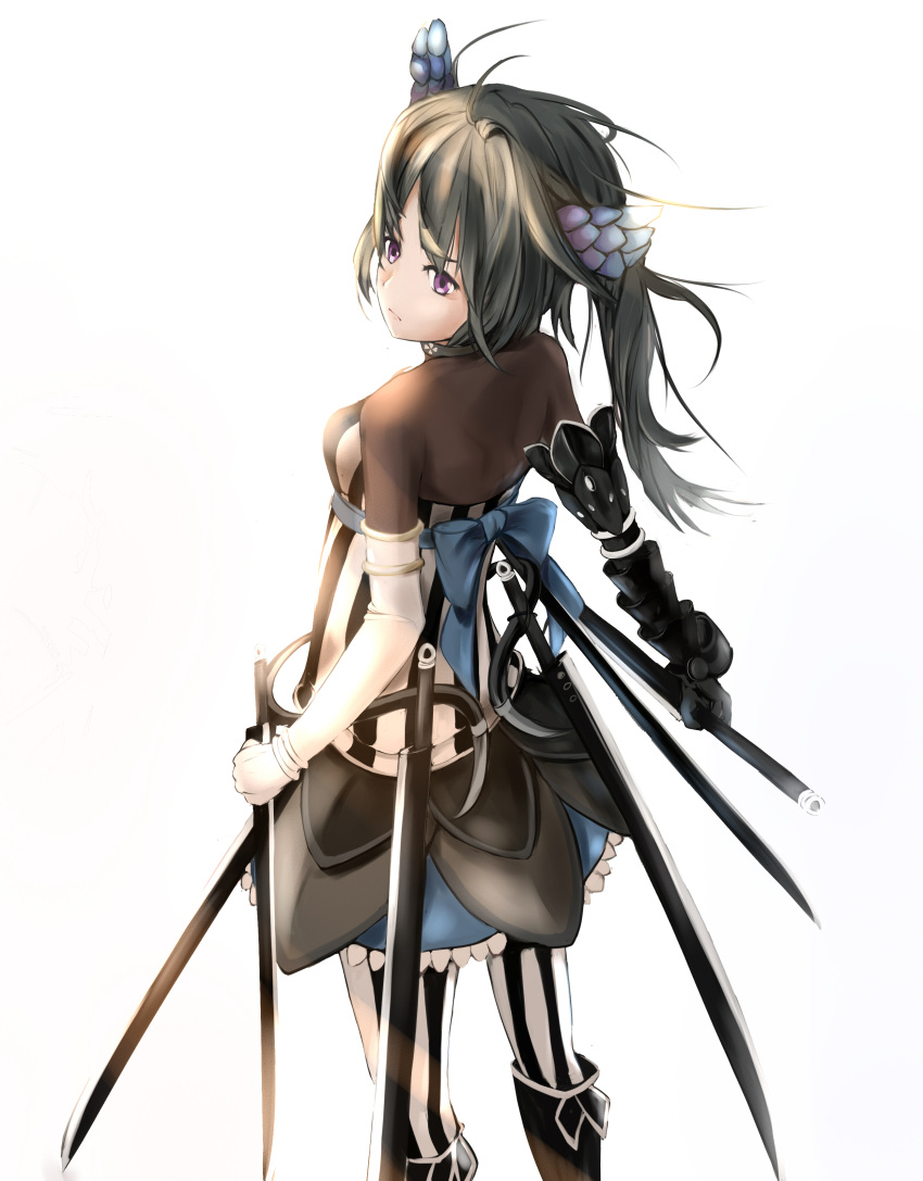 1girl absurdres bare_shoulders boots bow character_request commentary_request elbow_gloves from_behind gloves highres knee_boots looking_back polskash sigma_harmonics simple_background solo sword tagme vertical_stripes violet_eyes weapon weapon_request white_background