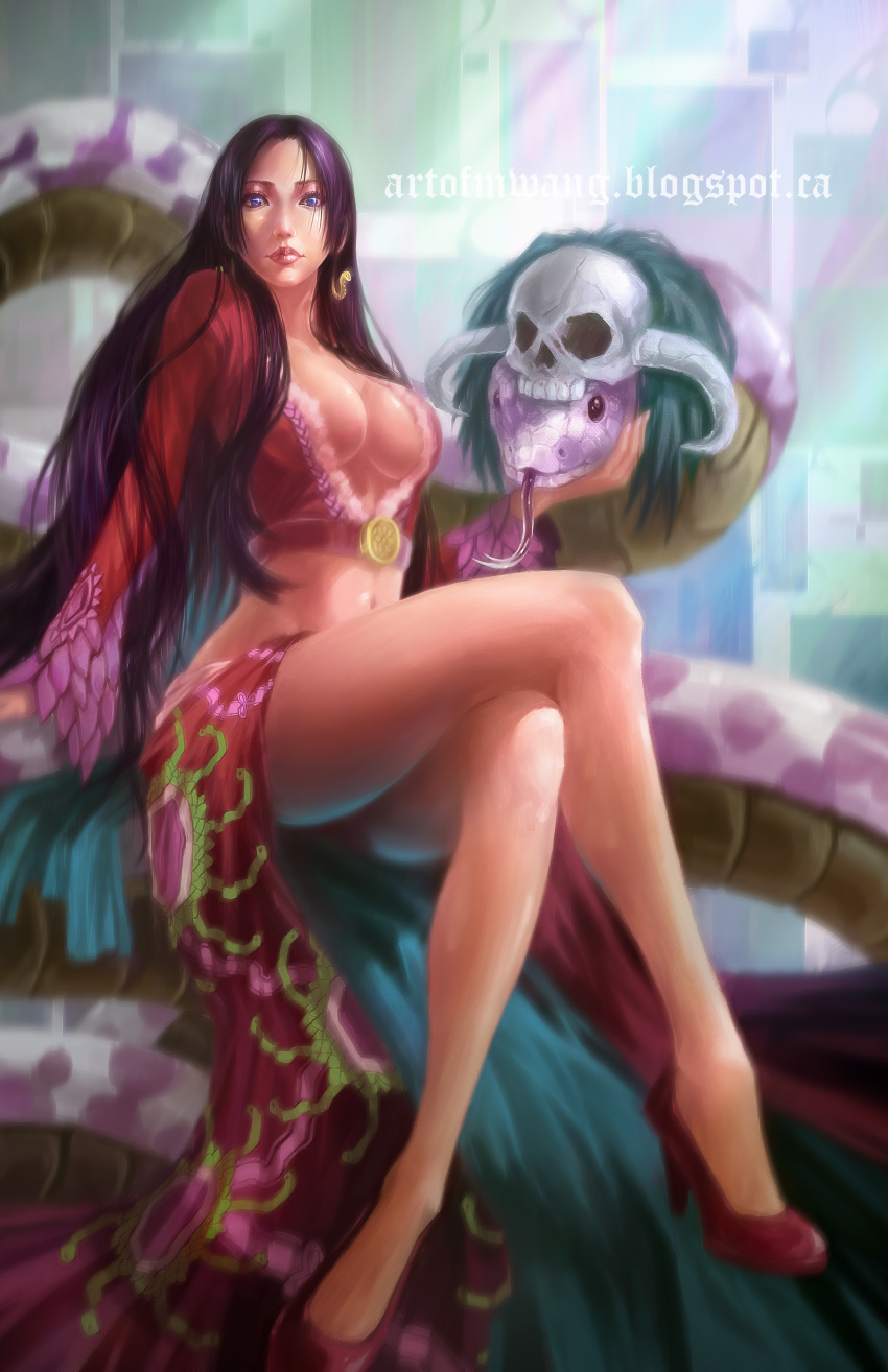 1girl absurdres amazon black_hair blue_eyes boa_hancock breasts cleavage crossed_legs earrings forked_tongue high_heels highres horns jewelry long_hair long_sleeves mikael_wang navel one_piece realistic red_sclera salome_(one_piece) sitting sitting_on_animal skull snake tongue watermark web_address