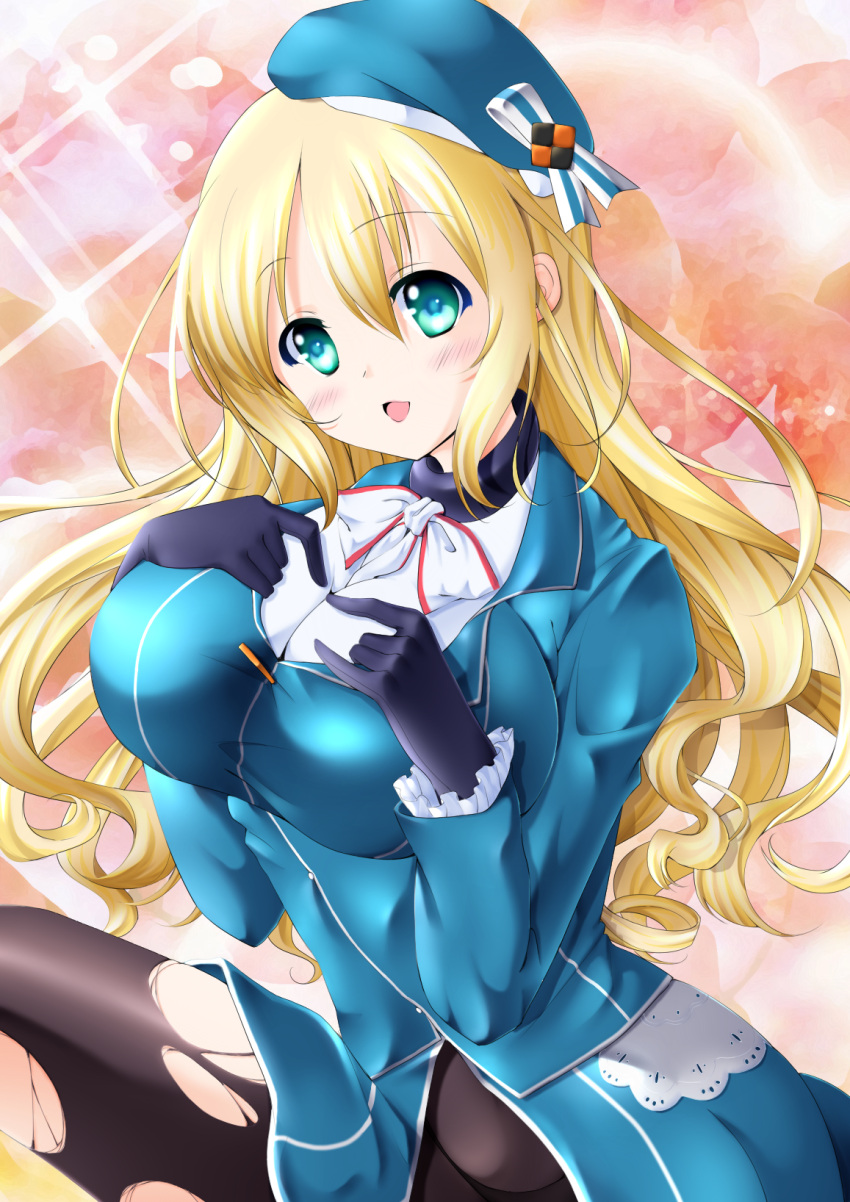 1girl atago_(kantai_collection) black_gloves black_legwear blonde_hair blush breasts gloves green_eyes hat highres kantai_collection large_breasts long_hair military military_jacket military_uniform open_mouth pantyhose personification smile solo torn_clothes torn_pantyhose uniform
