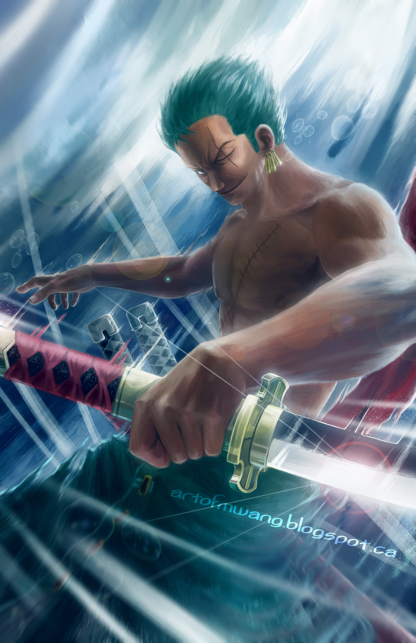 1boy absurdres bubble earrings green_hair highres huge_filesize jewelry katana lens_flare male mikael_wang one-eyed one_piece realistic roronoa_zoro scar shirtless short_hair smile solo sword underwater watermark weapon web_address