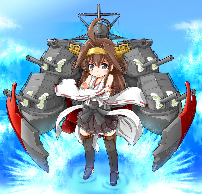 1girl ahoge bare_shoulders black_legwear blush boots brown_hair cannon clouds detached_sleeves double_bun grey_eyes hair_ornament hairband headgear highres japanese_clothes kantai_collection karukan_(monjya) kongou_(kantai_collection) long_hair nontraditional_miko personification skirt sky smile thigh_boots thighhighs turret water