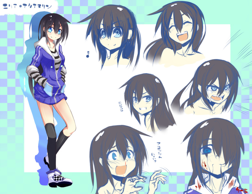 1girl adyisu area_aquamarine blood blush bust character_sheet closed_eyes hands_in_pockets headphones long_hair looking_at_viewer looking_back musical_note open_mouth original smile solo tears translation_request very_long_hair