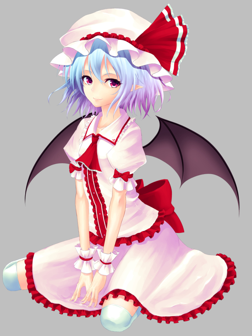 1girl ascot bat_wings blouse blue_hair bow buttons collared_shirt dress frilled_dress frilled_shirt frilled_skirt frills gradient_eyes gradient_hair grey_background hat hat_bow highres junior27016 large_bow looking_at_viewer mob_cap multicolored_eyes multicolored_hair over-kneehighs pink_dress pink_shirt pink_skirt pointy_ears puffy_sleeves remilia_scarlet ribbon short_sleeves simple_background sitting skirt skirt_set smile solo touhou violet_eyes wariza white_legwear wings wrist_cuffs