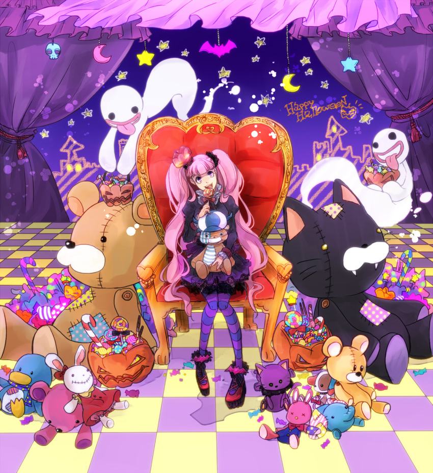 1girl bat bear bird candy candy_cane cat chair checkered checkered_floor crown curtains decorations dog dress frilled_dress frilled_sleeves frills ghost happy_halloween highres kumacy kuta_(maka) licking lollipop long_hair moon one_piece pantyhose penguin perona pink_hair rabbit ribbon skull solo star stitches striped striped_legwear stuffed_toy tongue twintails very_long_hair violet_eyes