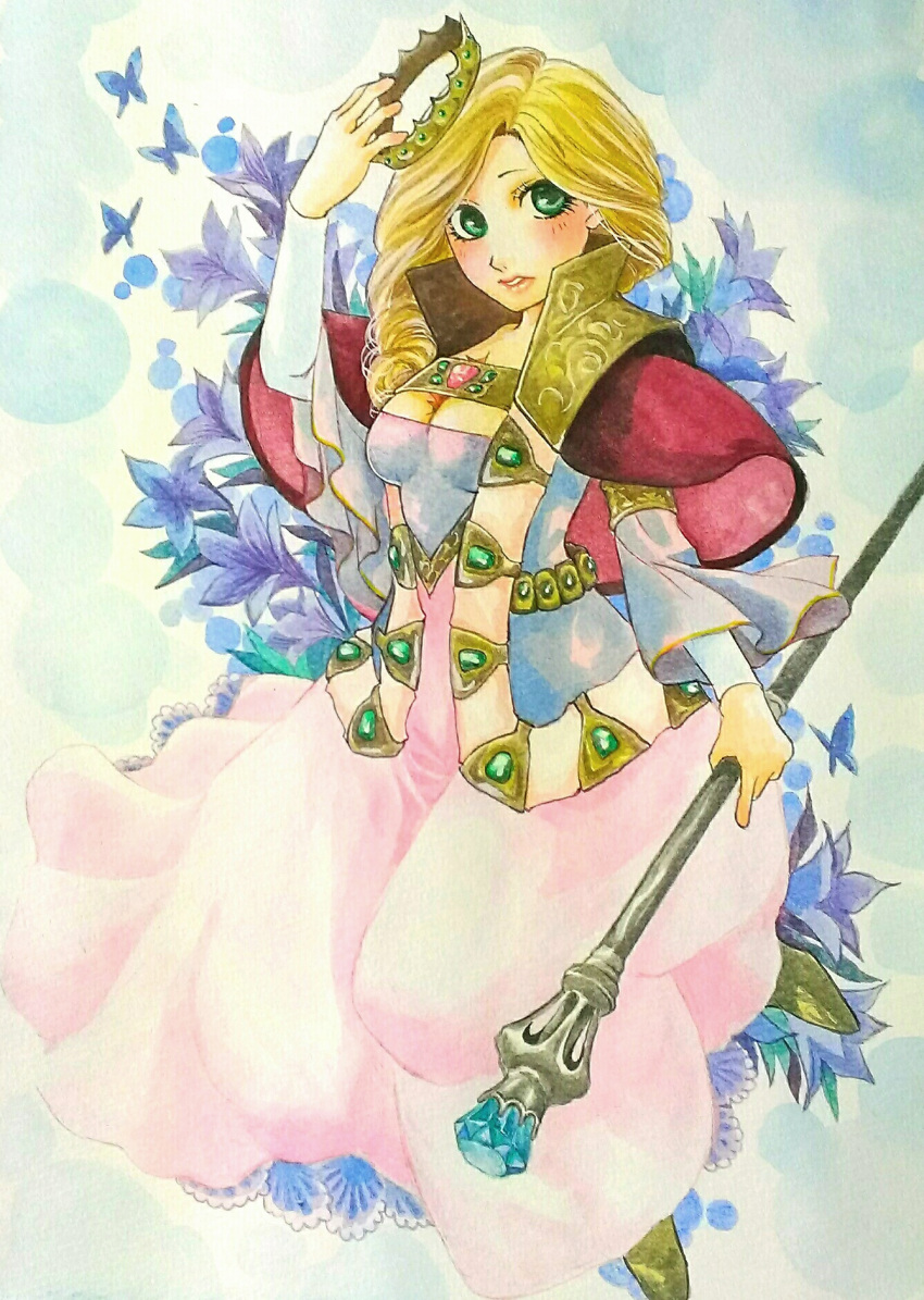1girl acrylic_paint_(medium) aelinore_(dragon's_dogma) blonde_hair blush braid breasts butterfly capelet cleavage crown dragon's_dogma dress flower gem gown green_eyes highres lips long_dress long_hair ouri_(xxxbobxxx) scepter side_braid solo traditional_media