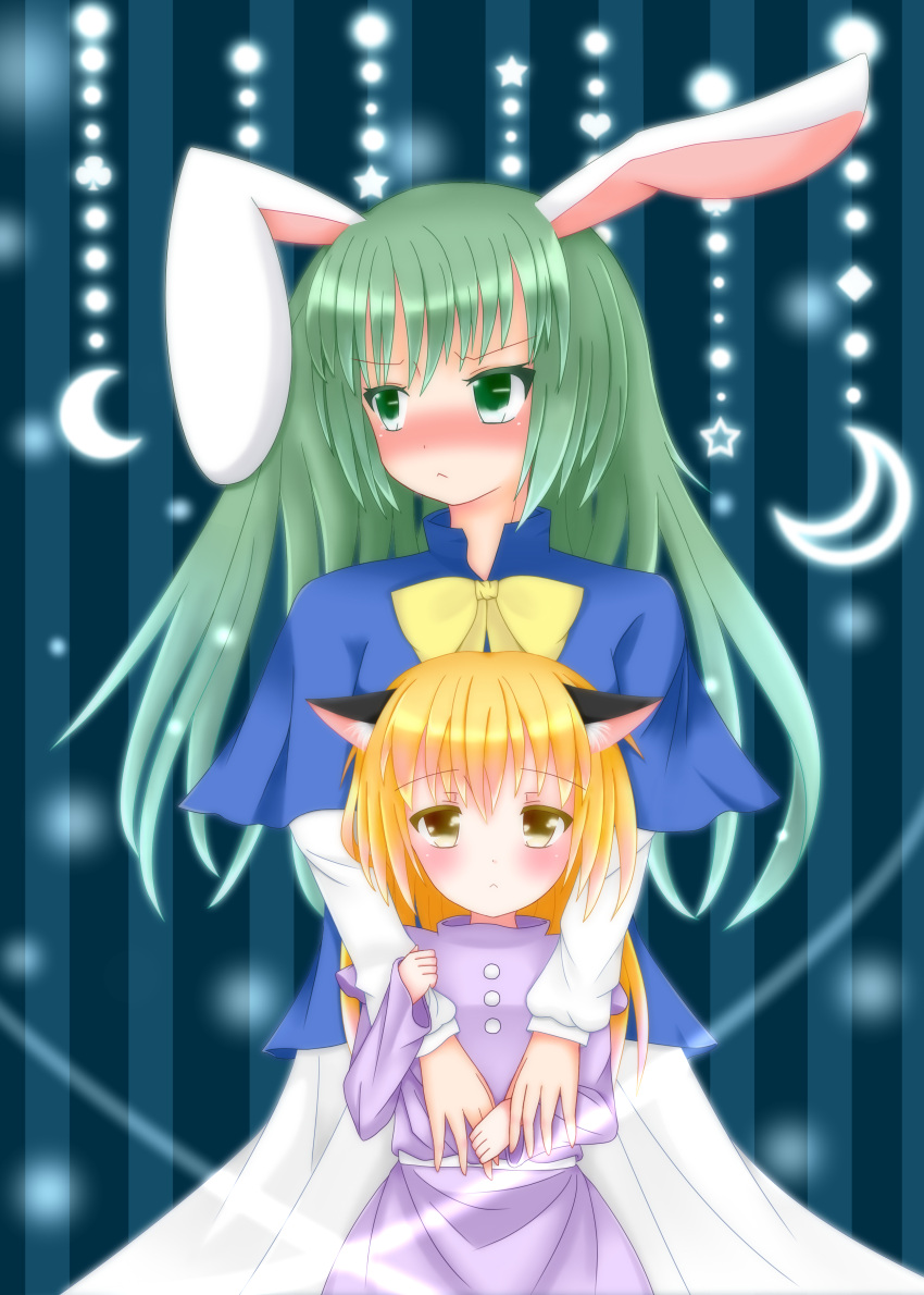 :&lt; absurdres animal_ears arm_holding blonde_hair blush bow capelet cat_ears club crescent dress embarrassed green_eyes green_hair high_collar highres holding_finger kemonomimi_mode kirisame_marisa kirisame_marisa_(pc-98) light_particles light_trail long_hair long_sleeves looking_at_viewer looking_away mima no_hat rabbit_ears skirt skirt_set star striped striped_background touhou touhou_(pc-98) weapon xue_ye yellow_eyes younger