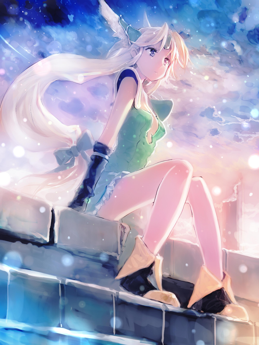 1girl blonde_hair bob_(biyonbiyon) boots bow clouds hair_bow highres long_hair low-tied_long_hair pauldrons riesz seiken_densetsu seiken_densetsu_3 sitting sky solo very_long_hair