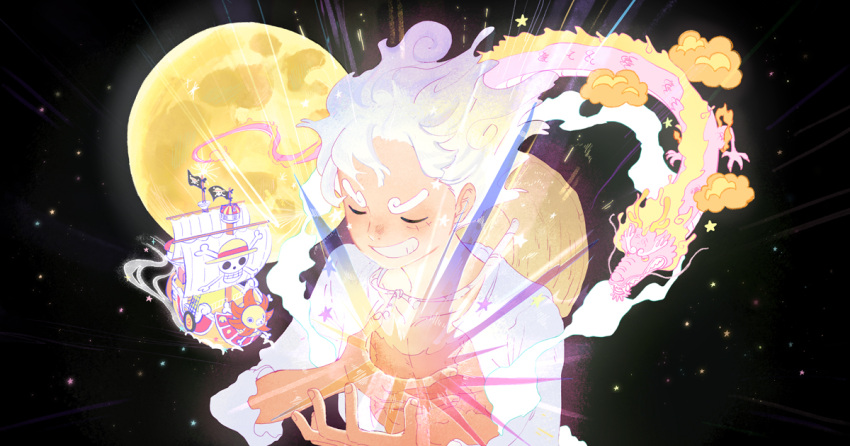 2boys black_background closed_eyes commentary_request devil_fruit_power dragon full_moon gear_fifth hat hat_on_back jolly_roger kouzuki_momonosuke male_focus monkey_d._luffy moon multiple_boys official_art one_piece open_clothes open_shirt parted_lips pirate_ship scar scar_on_cheek scar_on_chest scar_on_face shirt straw_hat straw_hats_jolly_roger thousand_sunny translation_request upper_body white_hair white_shirt
