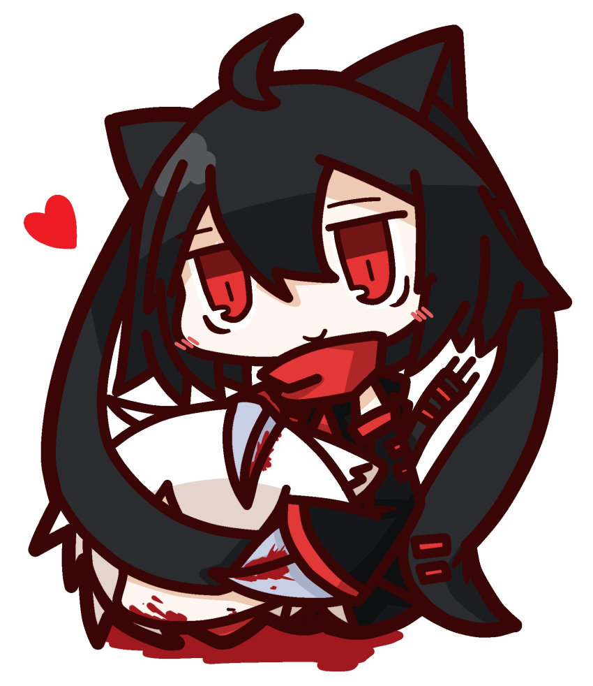 1girl 2girls ahoge animal_ears black_hair blood cat_ears cat_tail claws heart highres multiple_girls nu-nyu original red_eyes short_hair smile tail white_hair