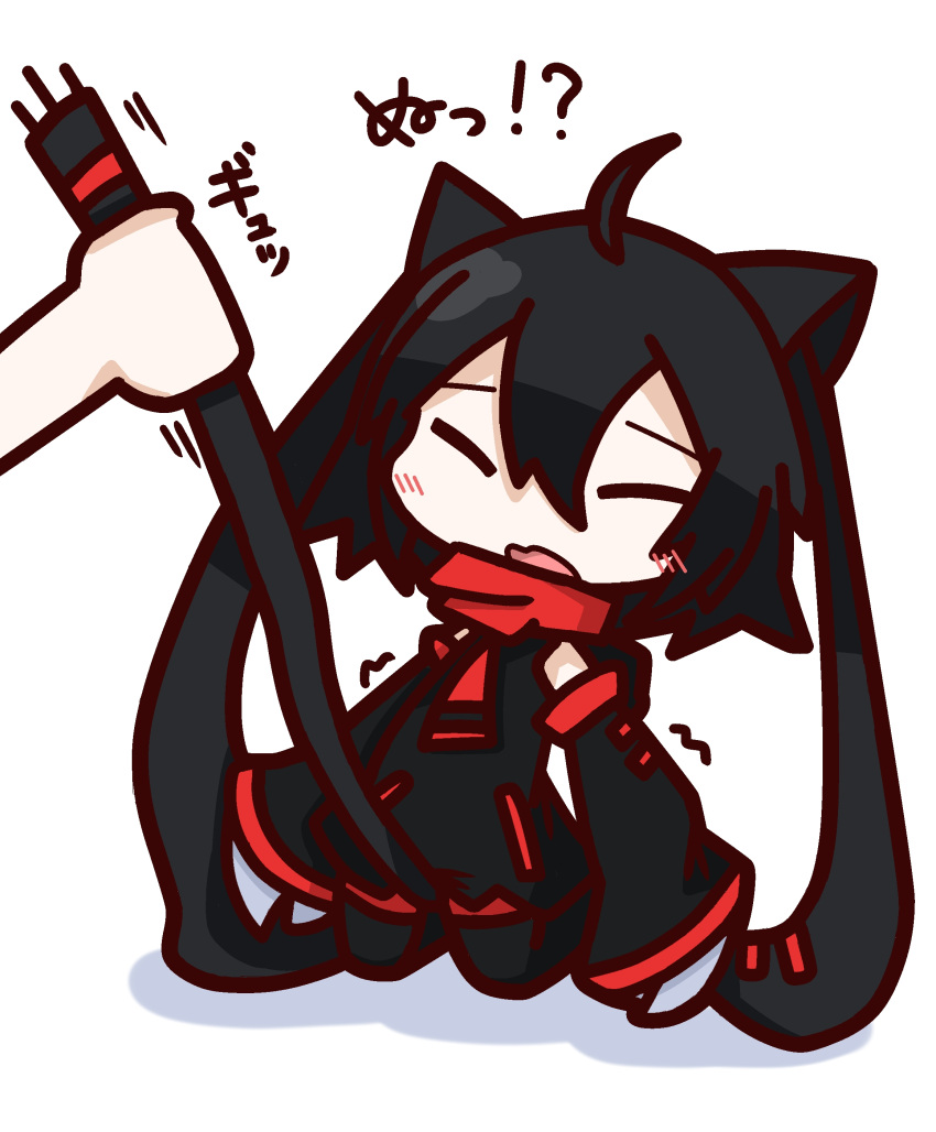 1girl absurdres ahoge animal_ears black_hair blush cat_ears cat_tail claws closed_eyes highres nu-nyu open_mouth original short_hair tail tail_pull