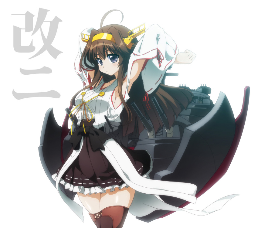 1girl ahoge armpits blue_eyes boots brown_hair detached_sleeves highres kantai_collection kawakami_shuuichi kongou_(kantai_collection) long_hair long_sleeves nontraditional_miko personification pleated_skirt ribbon_trim skirt solo thigh_boots thighhighs translated wide_sleeves zettai_ryouiki