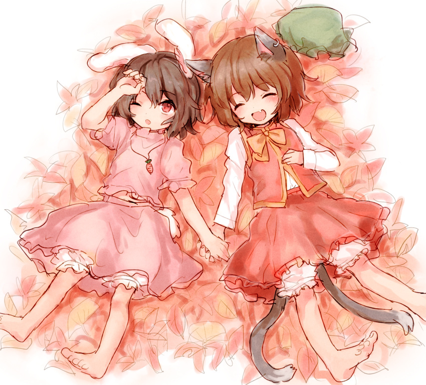 2girls animal_ears arm_up autumn_leaves barefoot black_hair bloomers bow brown_hair carrot cat_ears cat_tail chen closed_eyes dress ear_piercing fang furorida hat hat_removed headwear_removed highres holding_hands inaba_tewi jewelry long_sleeves lying multiple_girls multiple_tails necklace on_back open_mouth piercing pink_dress rabbit_ears red_eyes shirt short_sleeves single_earring skirt skirt_set smile tail touhou underwear vest wink