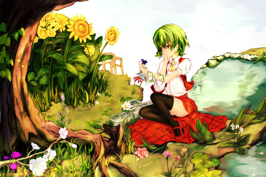 1girl ascot clouds earrings flower green_hair hand_on_own_face highres jewelry kazami_yuuka leaf lily_pad looking_down mushroom open_vest plaid plaid_skirt plaid_vest polskash red_eyes rock short_hair short_sleeves skirt sky smile solo spider_lily stream sunflower thighhighs touhou tree water waterfall
