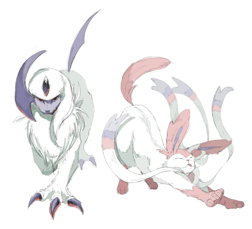 absol animal_focus avocado_539 bow claws closed_eyes fluffy full_body horns looking_at_viewer mane neck_fur no_humans pink_fur pokemon pokemon_(creature) pokemon_focus red_eyes ribbon simple_background single_horn standing stretching sylveon two-tone_fur white_background white_fur