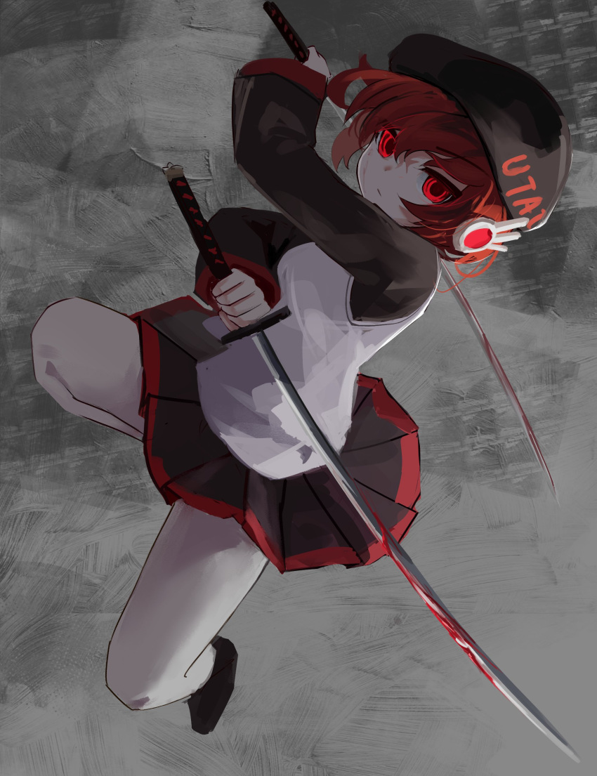 0w0_(artist) 1girl absurdres alternate_color beret black_hat black_shoes blood blood_on_weapon closed_mouth copyright_name hair_between_eyes hat hat_writing highres holding holding_sword holding_weapon long_sleeves miniskirt red_eyes red_hair red_trim robot_ears shirt shoes short_hair skirt solo sword utane_uta utau weapon white_shirt