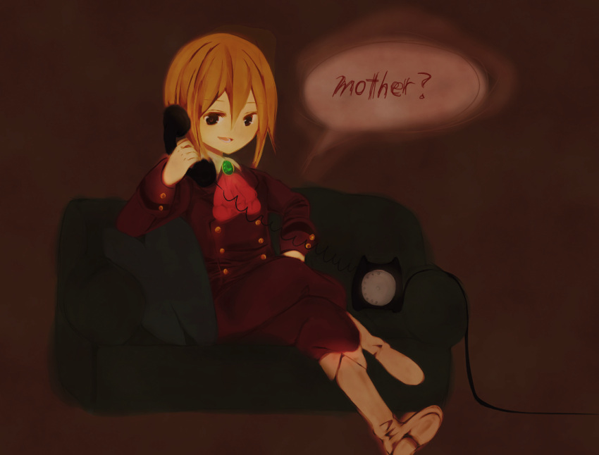 blonde_hair couch cravat crossed_legs crossed_legs_(sitting) emon11 english grey_eyes open_mouth phone rotary_phone sitting smile speech_bubble umineko_no_naku_koro_ni ushiromiya_lion