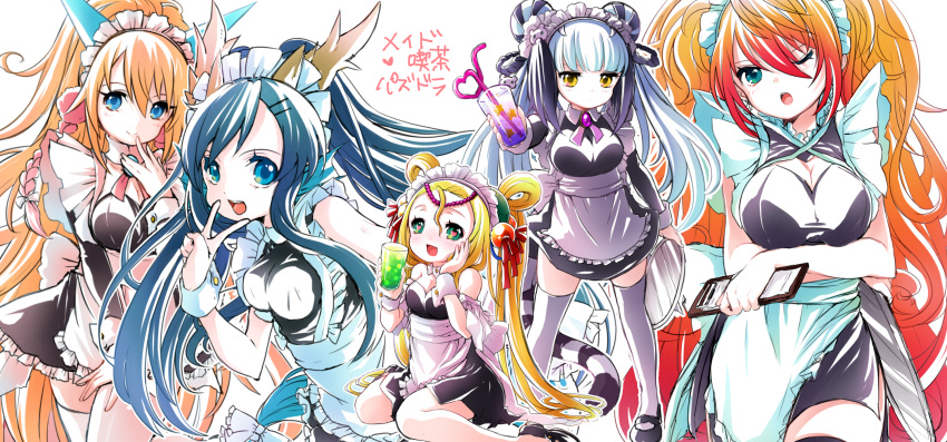 5girls :d alternate_costume apron black_hair blonde_hair blue_eyes drink drinking_straw enmaided glass green_eyes hair_ornament hairclip haku_(p&amp;d) heart heart-shaped_pupils heart_straw highres karin_(p&amp;d) leilan_(p&amp;d) long_hair maid maid_apron maid_headdress meimei_(p&amp;d) multiple_girls one_eye_closed open_mouth pikomarie ponytail puzzle_&amp;_dragons redhead sakuya_(p&amp;d) sitting smile symbol-shaped_pupils thigh-highs tray twintails v wariza white_hair yellow_eyes zettai_ryouiki