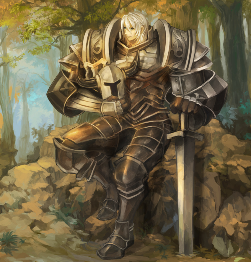 1boy armor blue_eyes branch dragon's_crown fighter_(dragon's_crown) forest hand_on_hilt highres holding horned_helmet knight leaf nature planted_sword planted_weapon rock rr0234 short_hair sitting solo sword tree weapon white_hair