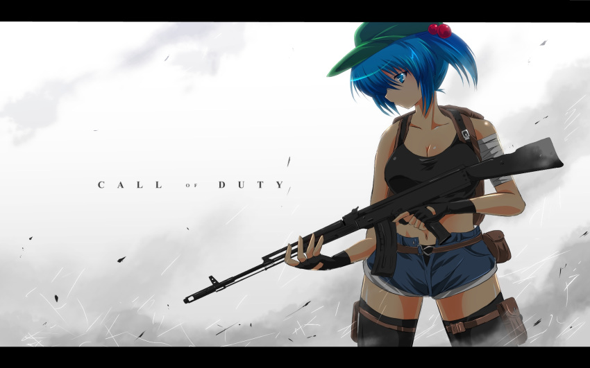1girl alternate_costume assault_rifle backpack bag bandages black_gloves black_legwear blue_eyes blue_hair breasts call_of_duty cleavage collarbone fingerless_gloves gloves gun hair_bobbles hair_ornament hat highres holster kawashiro_nitori letterboxed midriff navel nekominase rifle short_shorts shorts solo tank_top thigh_holster thighhighs touhou trigger_discipline twintails weapon